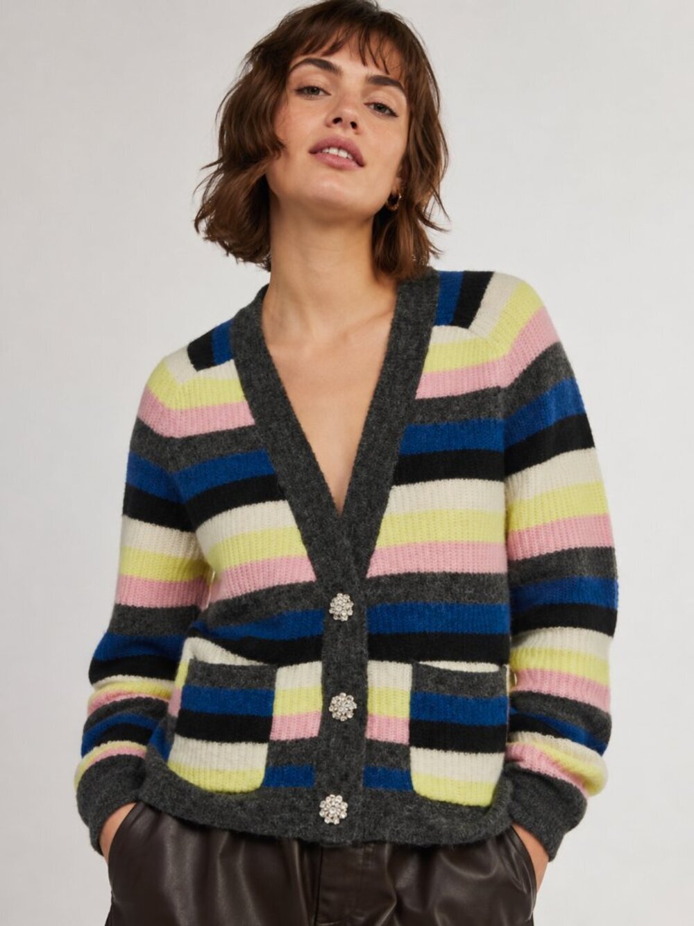 GANNI Alpaca Stripe Jewel Button Cardigan V-Neck Knit Sweater